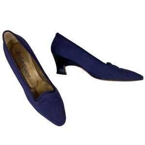 Yves Saint Laurent YSL Vintage Ribbed Navy Silk Pumps 7M Heels 2.25"